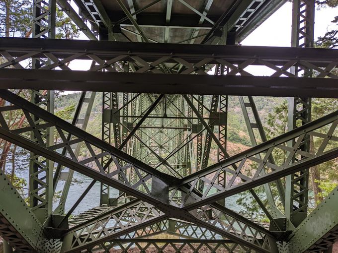 The photo is of the underside of a steel bridge, with rivets prominently displayed on the trusses.